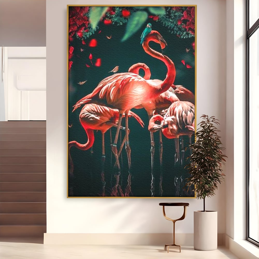 Tablou canvas cu tablou canvas cu flamingo roz, in rama de aluminiu auriu